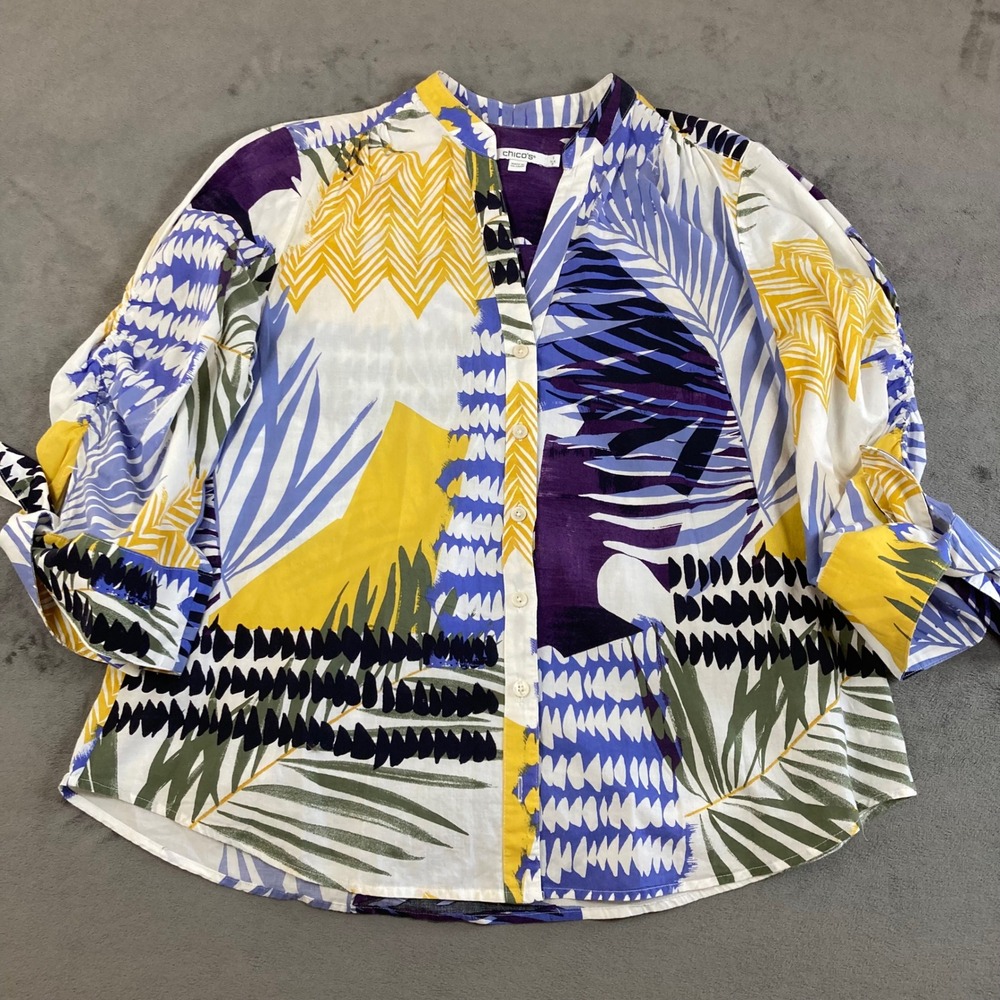 Chicos Tropical Palm Print Cotton Button Front Blouse Purple Yellow Size 1 M 8